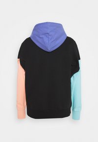 Hooded sweatshirt featuring a black body, purple hood, and colorblock sleeves in peach and turquoise; soft fabric with a relaxed fit.