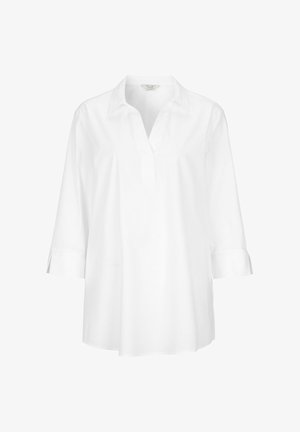Weißes Baumwollbluse mit V-Ausschnitt, Dreiviertelärmeln und umgeschlagenen Bündchen. Glatte Textur mit lockerer Passform und ohne sichtbare Muster.