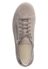 Gray suede sneaker with a lace-up design and side zipper, featuring a rounded toe and rubber sole with a textured grip.