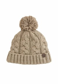 Strikket hue i beige med en pom-pom på toppen, prydet med et kabelstrik mønster og en ribbet bånd i bunden. Inkluderer et lille logo mærke.