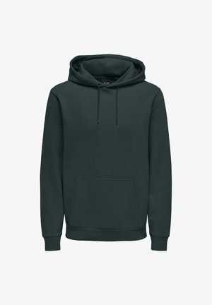 Dunkelgrüner Kapuzenpullover aus weichem Stoff, mit einer Kängurutasche, gerippten Bündchen und verstellbaren Kordeln an der Kapuze.