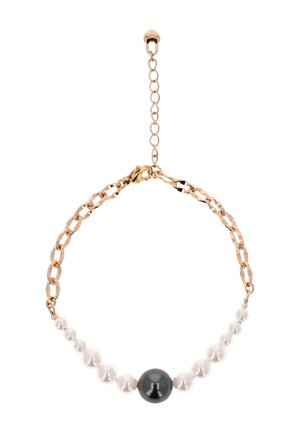 Guldarmbånd med skiftende små hvide perler og en enkelt stor sort perle i midten, med en justerbar lås.