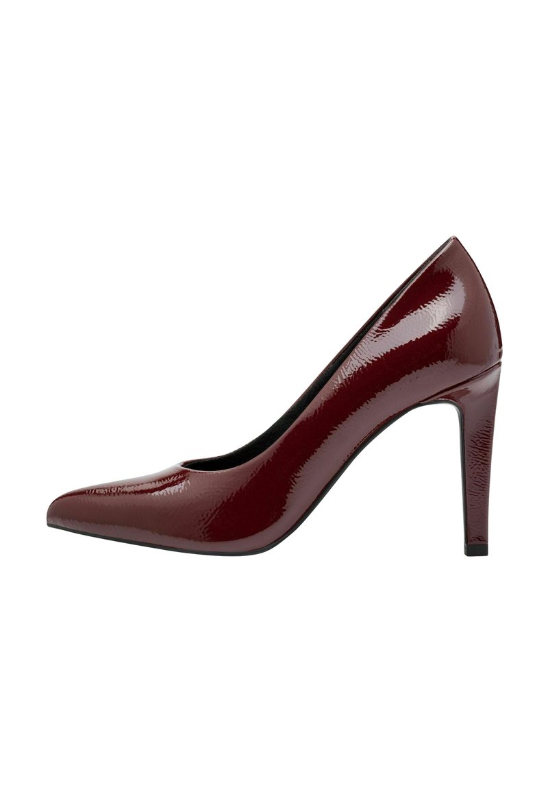 Burgundia läikivast nahast kõrge kontsaga pumpadega, terava ninaga, elegantne disain ja 4-tolline stilettokonts. Sujuv tekstuur, minimalistlik stiil.