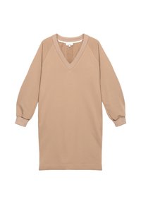 Beżowa sukienka z długim rękawem i dekoltem w serek, z rękawami raglanowymi, wykonana z miękkiego materiału. Posiada luźny krój oraz prążkowane akcenty przy dekolcie i mankietach.