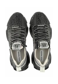 Black and gray sneakers featuring a textured upper with water droplets, contrasting stripes, padded collar, and a chunky sole.