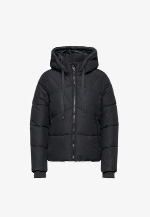 Schwarze Steppjacke mit Kapuze, ausgestattet mit gesteppten Paneelen, einem Frontreißverschluss und verstellbaren Zugbändern. Material mit weicher Textur.