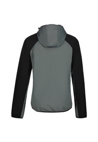 Hoodiejacka i grått med svarta ärmar, med en lätt och slät textur samt elastiska muddar, designad för komfort och rörlighet.