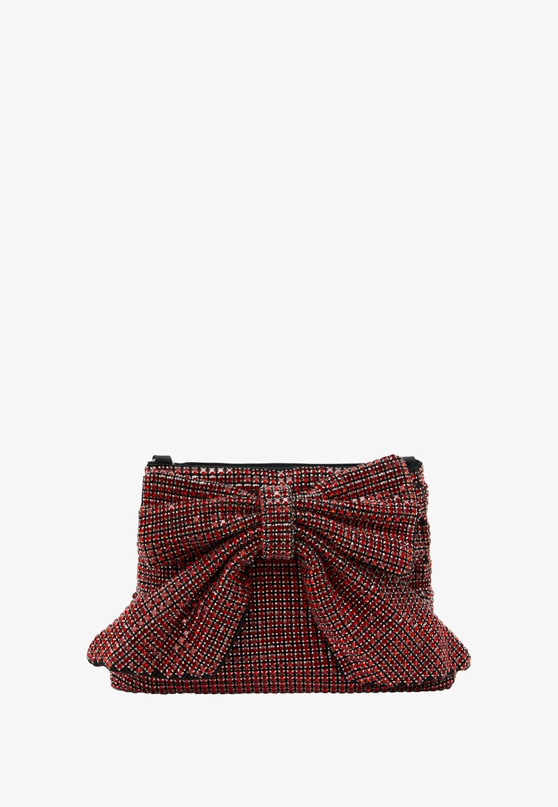 Raudona ir juoda karoliukų rankinė su dideliu kaspinu, tekstūruotu paviršiumi ir užtrauktuku viršuje, su blizgiais akcentais.