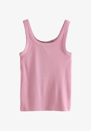 Růžový žebrovaný top na ramínka s širokými ramenními popruhy, kulatým výstřihem a přiléhavým střihem. Měkká textura se hladkým povrchem.