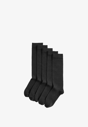 Sechs Paar schwarze Baumwollsocken mit gerippten Bündchen, glatter Textur, mittlerer Länge und nahtlosem Zehenbereich.