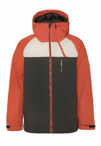 Isolierte Jacke mit einem Farbblockdesign in Orange, Weiß und Schwarz. Wasserabweisendes Material mit Kapuze und Reißverschlusstaschen.