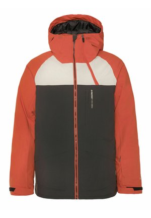 Izolovaná bunda s barevným blokem v oranžové, bílé a černé barvě. Voděodolná tkanina s kapucí a zipovými kapsami.