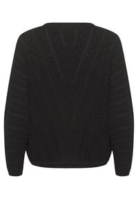 Svart stickad tröja med en texturerad design som har vertikala linjer och subtila mönster, långa ärmar och en ribbad nederkant.