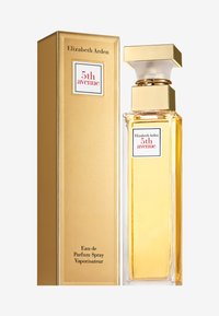 Butelka perfum Elizabeth Arden 5th Avenue, prostokątna szklana, złocisty płyn, czyste linie, złota zakrętka, w towarzystwie złotego pudełka z logo.