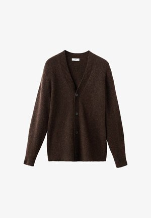 Bruine gebreide cardigan met een V-hals, overslag met knopen, lange mouwen en een textuurstof met ribbel-details langs de randen.