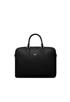 Black leather laptop bag with diagonal stitch patterns, dual handles, and a zipper closure. Features a subtle logo on the front.