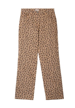 Pantalones de leopardo en tono marrón y beige, con un diseño clásico de pierna recta, cinco bolsillos y un robusto cierre de botón.