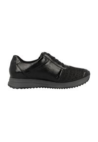 Black sneaker with textured crocodile pattern on the toe, glossy finish, lace-up design, and a gray rubber sole with a jagged edge.