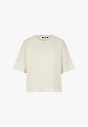 Korte mouwen, ronde hals top in crèmekleur, gemaakt van zachte stof. Heeft een relaxed fit en een subtiele merklijn aan de zoom.