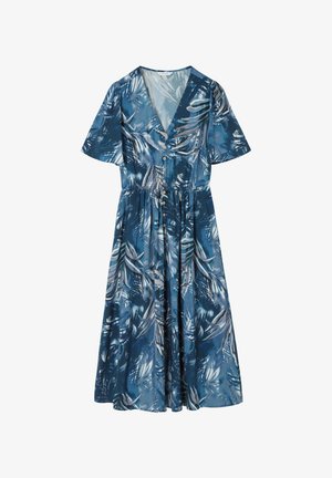 Blauwe bloemenjurk van lichtgewicht stof, met een V-hals, korte mouwen, knoopsluiting aan de voorkant en een elastische taille met een luchtige rok.