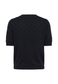 Pulover negru tricotat cu mânecă scurtă, cu un model texturat, guler rotund și tiv detașat. Designul are perforații mici pe întreaga suprafață.