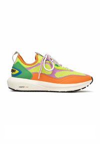 Multicolored sneaker with green, orange, yellow, and purple mesh upper, reflective accents, and white midsole. Features laces and textured sole.