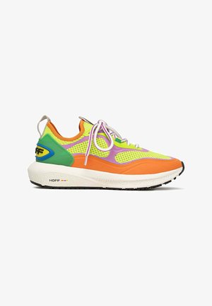 Multicolored sneaker with green, orange, yellow, and purple mesh upper, reflective accents, and white midsole. Features laces and textured sole.