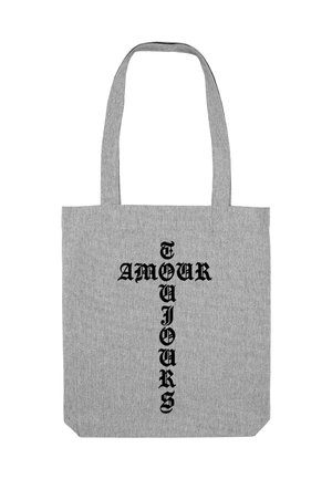 Sac fourre-tout en tissu gris avec de longues poignées, portant le lettrage noir "AMOUR TOUJOURS" aligné verticalement dans une police serif épaisse.