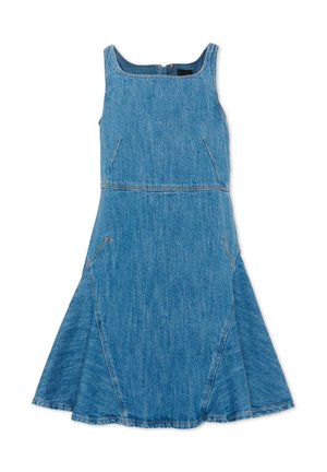 Mouwloze blauwe spijkerjurk met een vierkante halslijn, getailleerde taille, uitlopende rok en zichtbare zakken in de zijnaden.