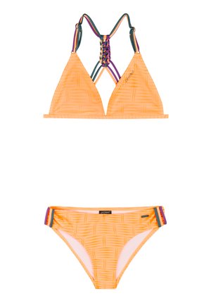 Oranje bikini met patroon en gevlochten meerkleurige bandjes op het driehoektopje en bijpassende low-rise broekjes met zijbanddetails.