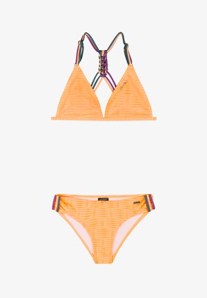 Oranje bikini met patroon en gevlochten meerkleurige bandjes op het driehoektopje en bijpassende low-rise broekjes met zijbanddetails.