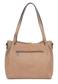 Borsa a tracolla sintetica color tan con una texture liscia, doppie cinghie per le spalle, tasca con zip frontale e chiusura con zip superiore. Presenta accenti hardware minimi.