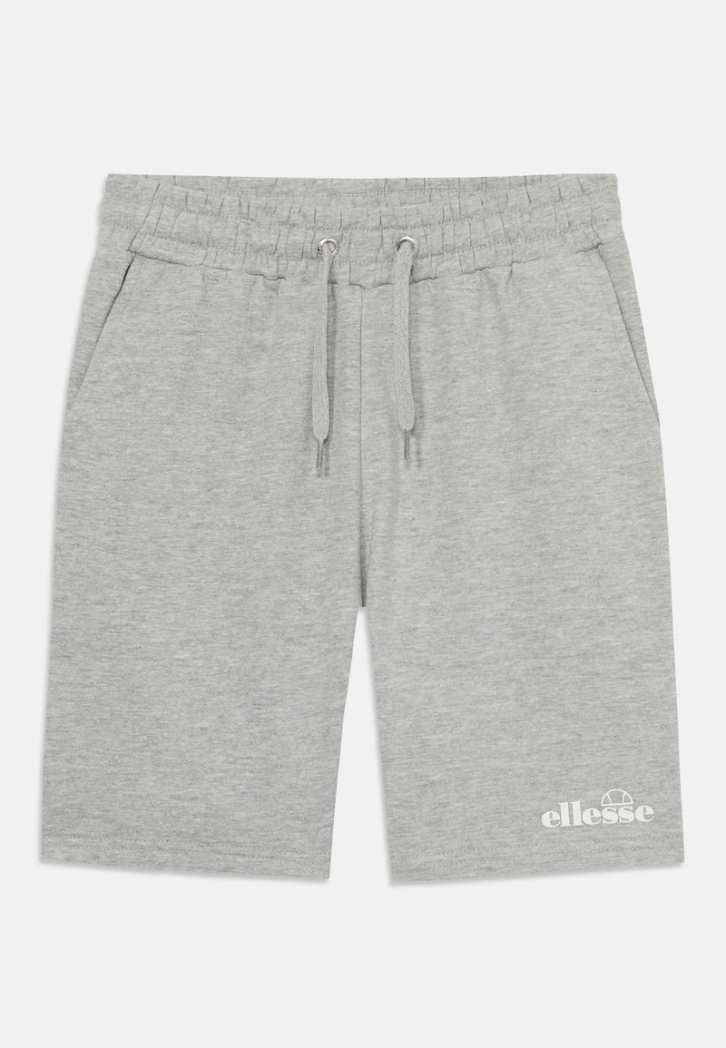 Grå sweatshorts laget av mykt stoff, med elastisk midje med snor og sidelommer. Inkluderer en hvit logo nederst.