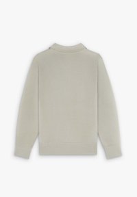 Light beige pullover with a polo collar, long sleeves, soft texture, and ribbed cuffs and hem. Minimalistic design, no visible branding.