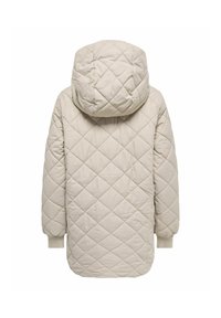Veste matelassée beige clair avec capuche, manches longues et poignets côtelés, vue de dos sur fond blanc.