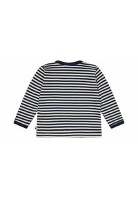 Camisetta a maniche lunghe con strisce orizzontali di colore blu navy e crema, collo a giro, in cotone, e un piccolo tag colorato sul lato.