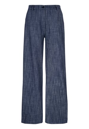 Donkere blauwe denim broek met wijde pijpen en hoge taille, voorzien van een voorste knoop- en ritsluiting, met een gestructureerde stof en zonder zichtbare zakken.