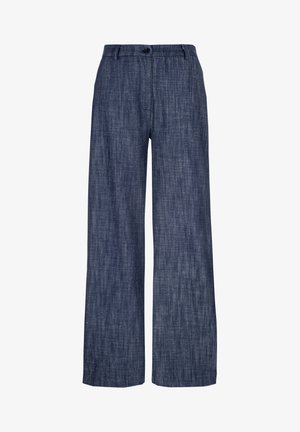 Donkere blauwe denim broek met wijde pijpen en hoge taille, voorzien van een voorste knoop- en ritsluiting, met een gestructureerde stof en zonder zichtbare zakken.