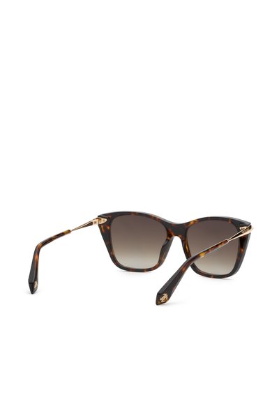 Lunettes de soleil écaille avec verres carrés à dégradé et branches fines en métal doré, vues en diagonale par l’arrière sur fond blanc.