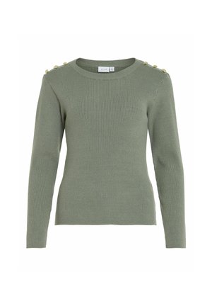 Olive green ribbed sweater with long sleeves, round neckline, and decorative gold buttons on the shoulders. Soft texture, fitted design.
