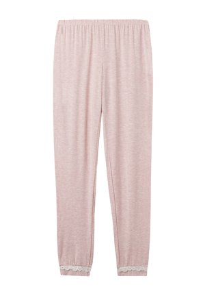 Lichtroze loungebroek gemaakt van een zachte stof, met een rekbare tailleband en delicate witte kanten accenten aan de boorden.