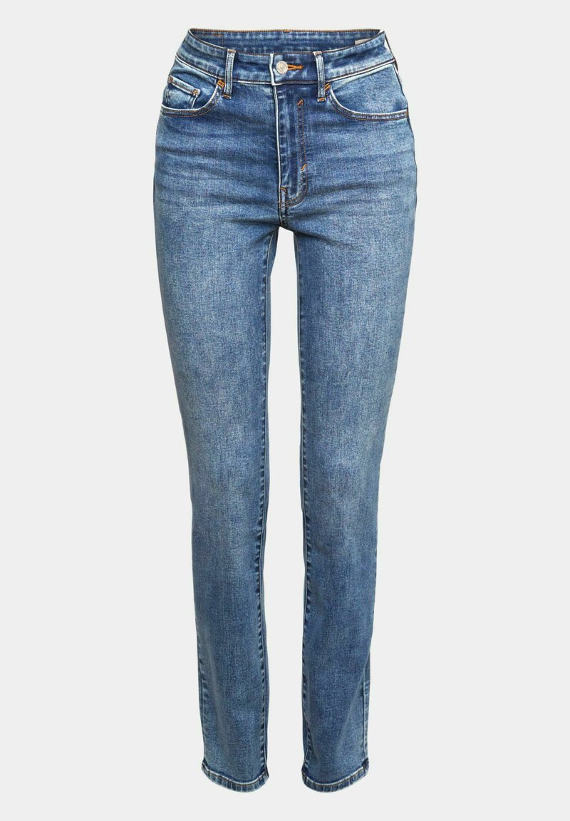 Hoch geschnittene blaue Jeans aus Denim mit geradem Bein, zwei Fronttaschen und einem orangefarbenen Steppnähte-Detail.
