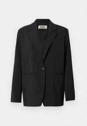 Black blazer featuring a single button closure, two front pockets with flaps, a notched lapel, and smooth fabric texture.