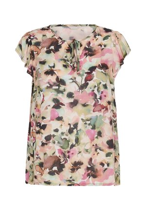 Blouse à imprimé floral avec manches courtes à revers, encolure ronde, ouverture à nouer devant, dans des tons de rose, vert, marron et crème.