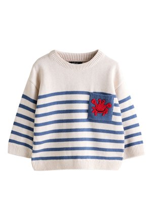 Jersey de punto con rayas crema y azules, mangas largas y un bolsillo azul en el pecho con un diseño bordado de un cangrejo rojo.
