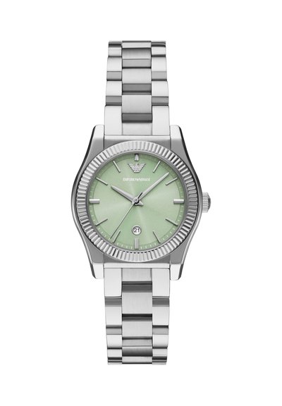 Orologio Emporio Armani in acciaio inossidabile argento con quadrante verde, tre lancette, indici, finestra della data alle 6 e cinturino a maglie.