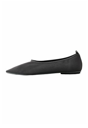 Black pointed-toe flat shoe with low sole and fabric upper, viewed from the side on a white background.