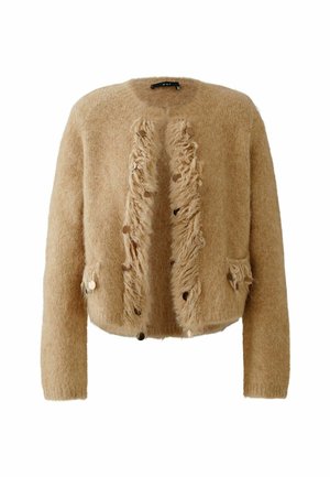 Beige flauschige Strickjacke mit fransigem Vorderteil, verziert mit runden Metallknöpfen und zwei aufgesetzten Taschen an den Seiten. Strukturiertes Gewebe.