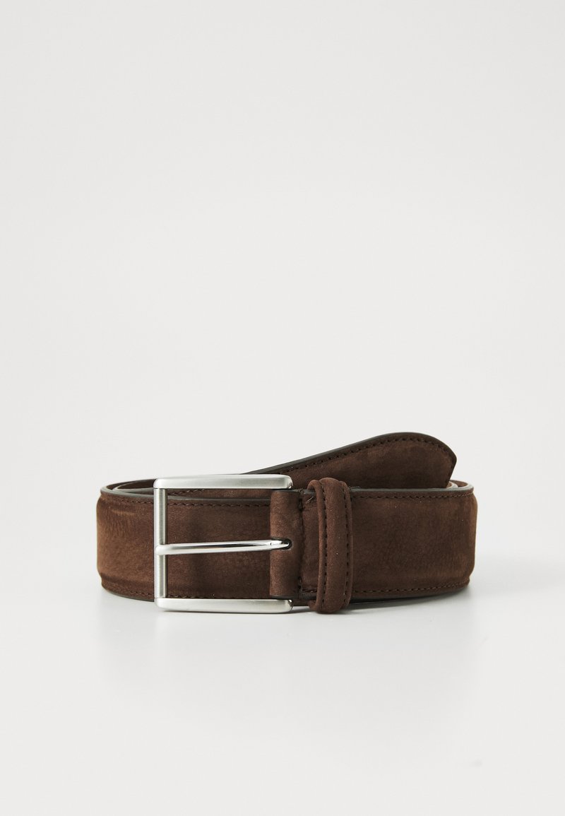 Brown suede belt with a silver metal buckle, featuring a smooth texture and a rolled end for adjustment. Classic design, minimal detailing.