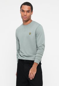 Felpa verde chiaro con colletto a girocollo e polsini a coste. Presenta un piccolo logo giallo ricamato sul petto. Indossata con pantaloni neri.